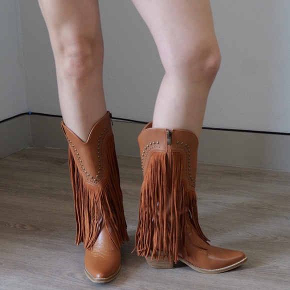 BEAST FASHION Shoes - Beast fashion Camel Studded Fringe Western Cowboy Boots